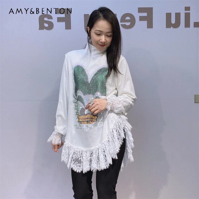 

Sweet Double-sided Fleece Loose Bottoming Shirt Ladies Lace Patchwork Rhinestone High Neck Long Sleeved Top Autumn New T-shirt
