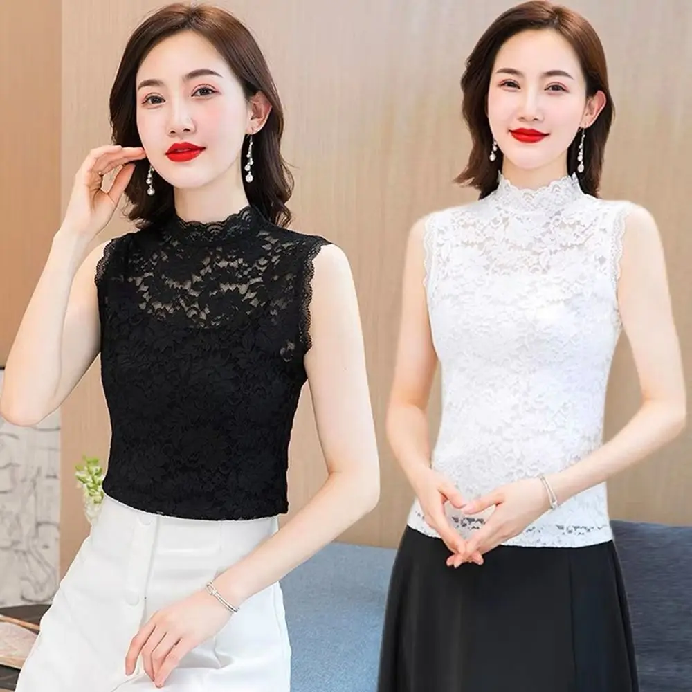 

Elegant Half High Collar Floral Tank Tops Elastic Black White Lace Shirt L-3XL Sleeveless Vest Women Girls