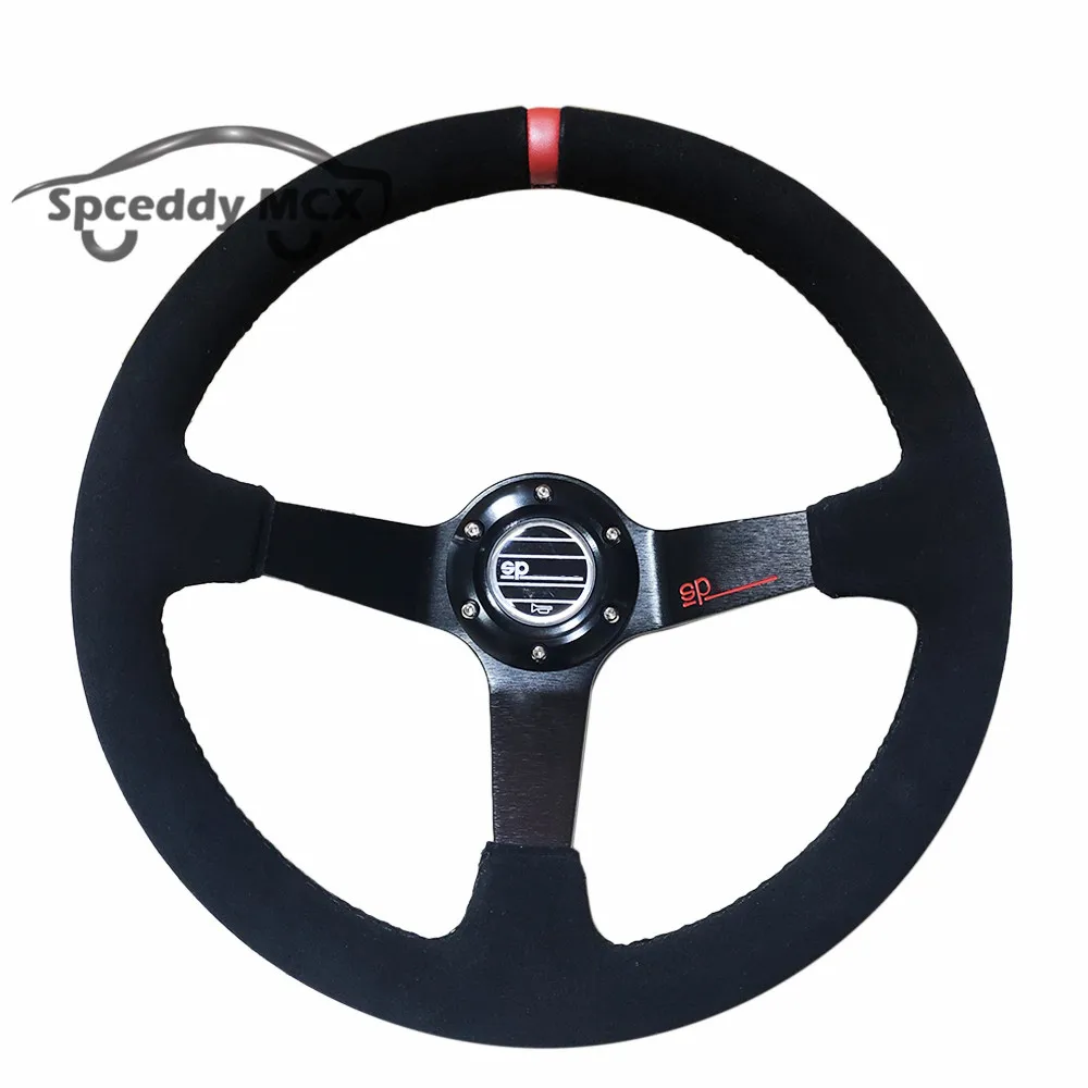 Sp Deep Dish Suede Leather Red Yellow Spoke 14inch 350mm Car Sport Steering Wheel Personalized Sports Modification Accessories