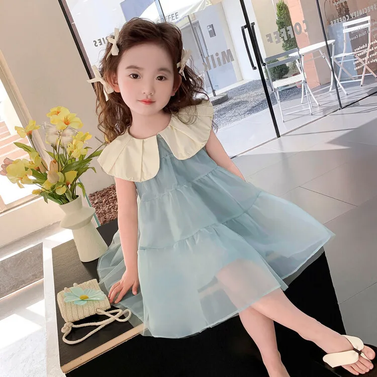 Girls' Summer New 2024 Korean Edition Fashionable Baby Doll Neck Tank Top Fluffy Gauze Princess Dress