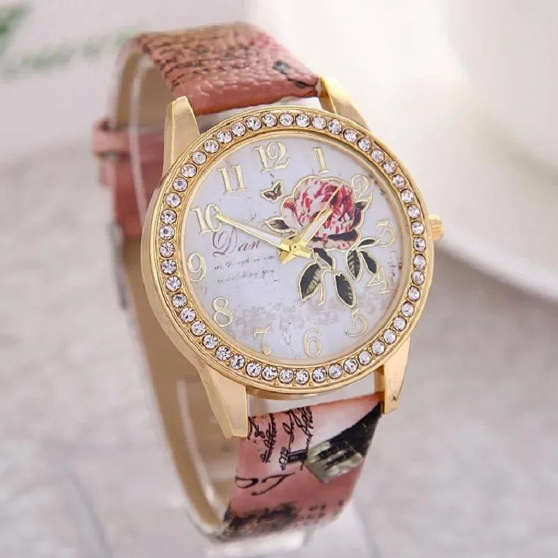 Reloj mujer 2020 moda rosa flor relógios de pulso feminino graffiti pulseira de couro quartzo relógio de pulso senhoras relógios casuais