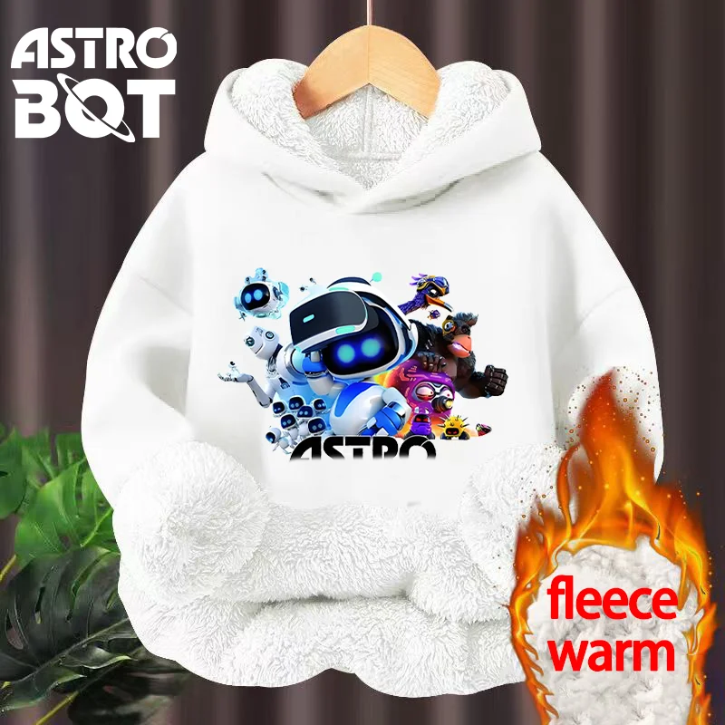 Astro Bot New Lamb Wool Hoodie Child  Anime Cartoon Printing Hooded Sweatshirt Boys Girls Winter Fashion Warm Clothing Kids Tops