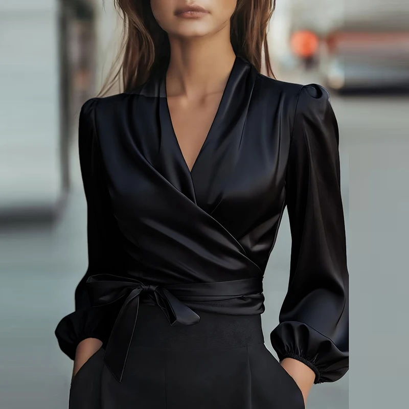 Seksowna bluzka z dekoltem w serek, marszczeniami, długim rękawem, satynowa, elegancka, do biura, damska koszula, moda damska, wiosna, jesień, bluzki sznurowane.