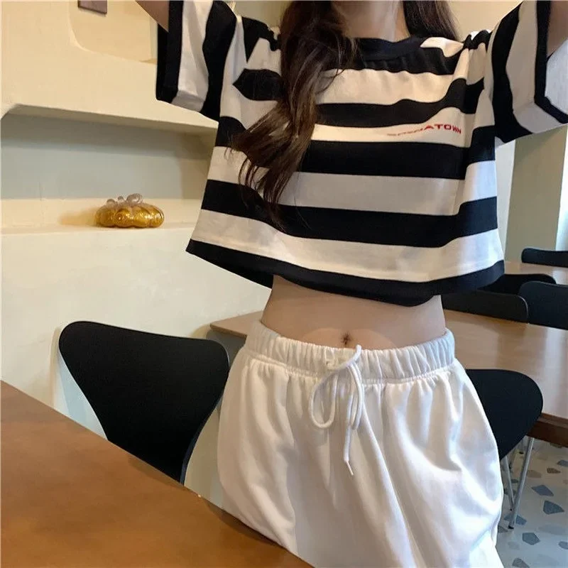 Black White Striped Cropped Top Women Summer New Korean Loose Short-sleeved T-shirt Fashion Egirl Letter Print Oversized Shirt