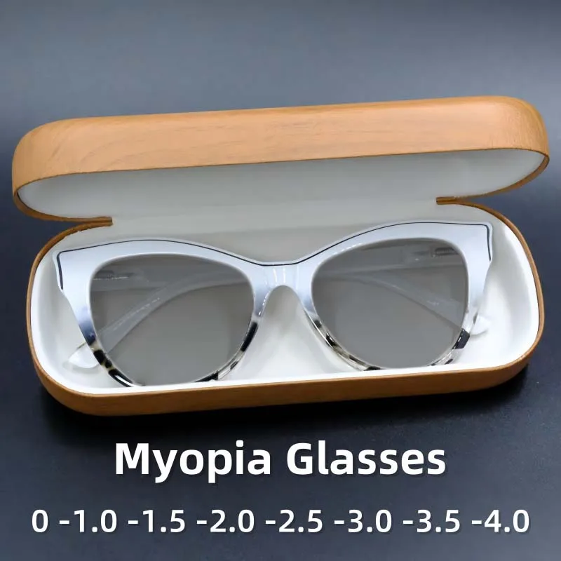 

Fashionable Cat Eye Contrasting Myopia Sunglasses Retro High-definition Gray Lens UV Resistant Glasses Diopter To -4.0
