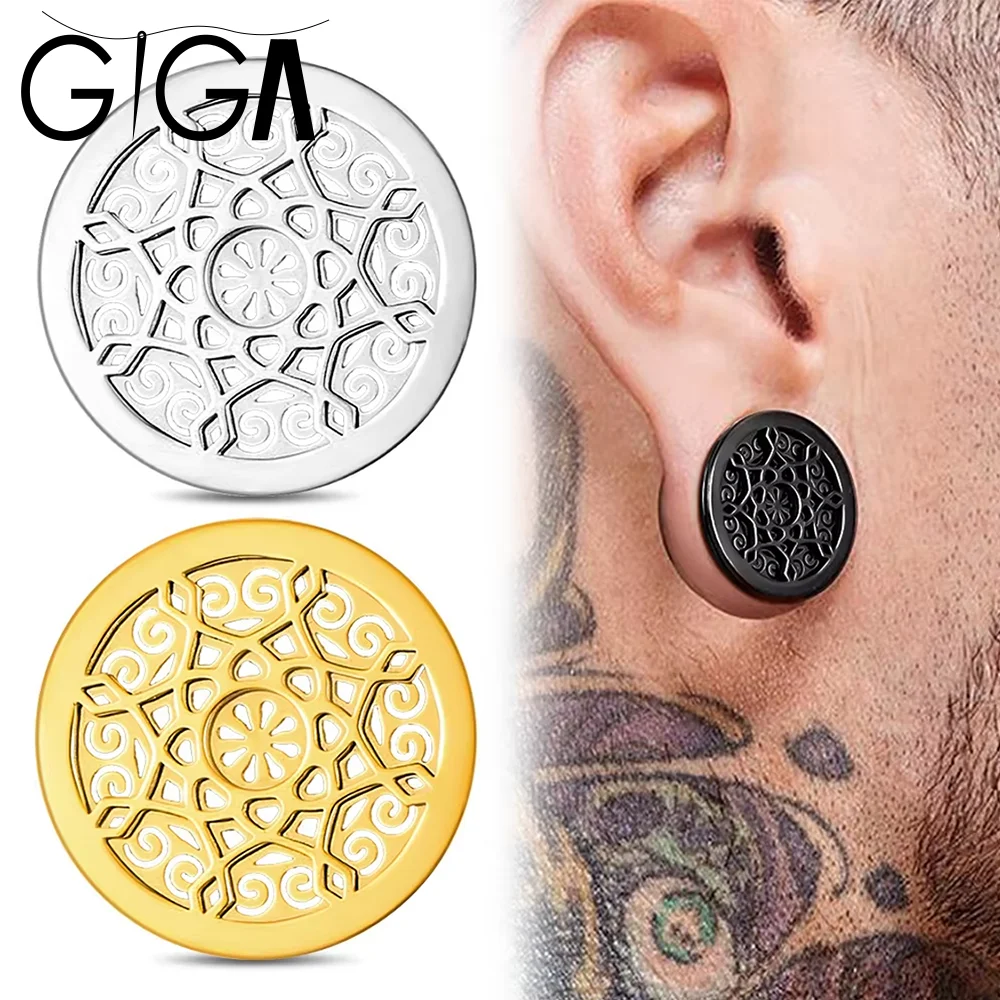 Giga 2Pcs 316 Stainless Steel Round Sunflower Design Ear Expanders Tunnel Ear Gauge For Ear Stretching Fashion Piercing Jewelry