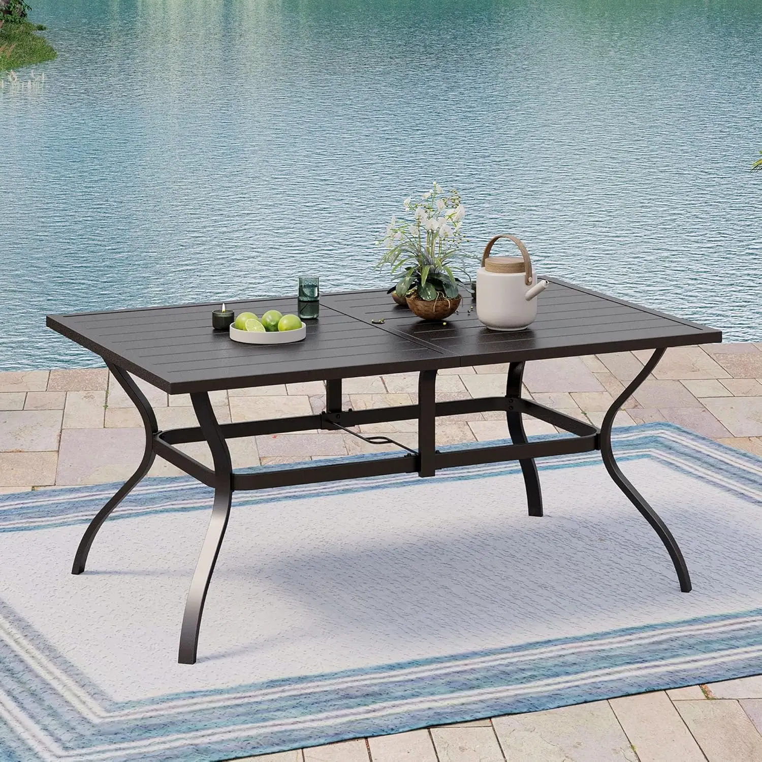 Outdoor Metal Dining Table, Rectangle Patio Center Table With Umbrella Hole For Backyard Porch Deck Lawn Garden Poolside, Weather Resistant Slatted Furniture, Modern Minimalist, Black, One Piece