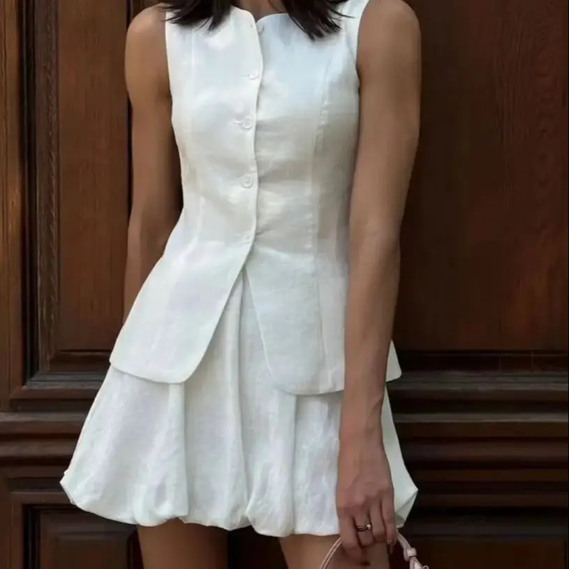 

Women's Two-Piece Skirt Set Elegant Solid Sleeveless Vest Flower Bud Short Skirt Set 2026 Summer Commute Dating Y2K Women Suit