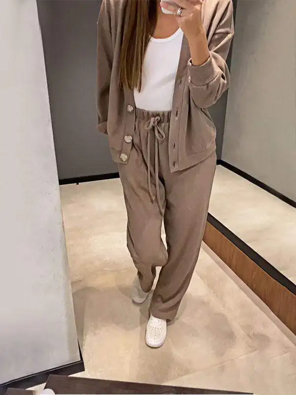 Autumn New Comfortable Casual Women\'s Suit Solid Color V-neck Long-sleeved Cardigan Top Jacket Lace-up Sweatpants Fashion Suit