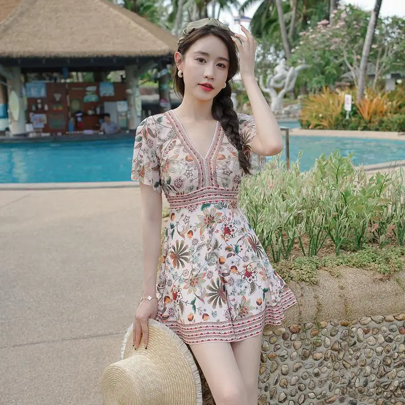 New Korean Couple Swimsuit Split Boxer Skirt Style Steel Support Small Chest Gathered Hot Spring Women Swimsuit Beach Pant