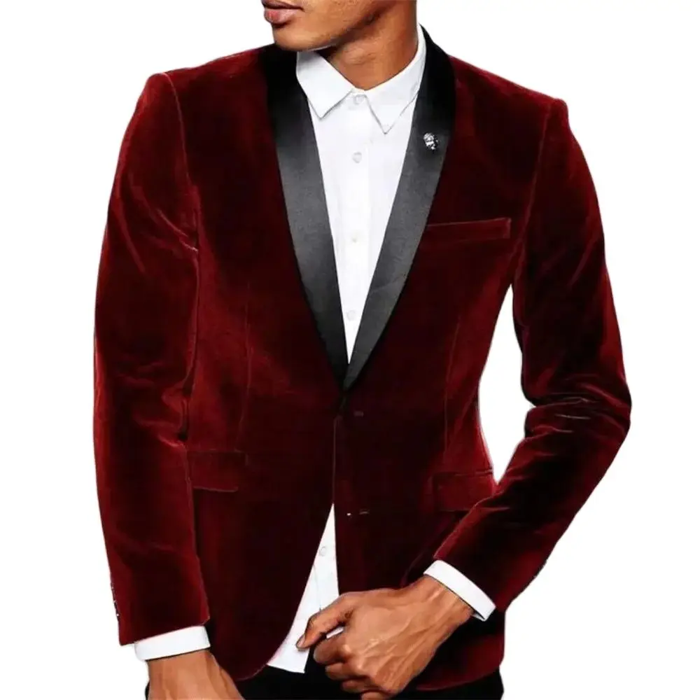 Burgundy Men\'s Blazer Formal Jacket Velvet One Piece Black Shawl Lapel Single Breasted Slim Fit Male Coat Prom Party Costume