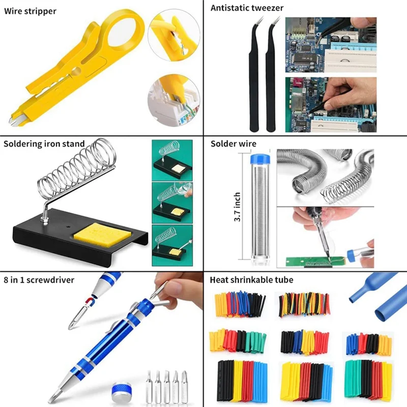 ABLU-Kit Besi Solder, Besi Solder Suhu Dapat Disesuaikan 60W/110V dengan Ujung Solder Dudukan Multimeter Digital Steker AS