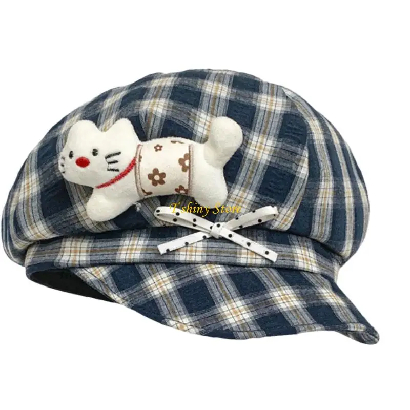N58F Plaids Trucker Hat with Cats Bowknot Design Anime Theme Headwear For Women Girl Various Occasion And Outfit