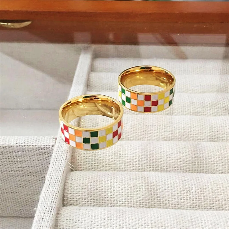 Waterproof Colorful Enamel Plaid Rings For Women Stainless Steel Finger Ring 2023 Trend Femme Aesthetic Jewelry anillos mujer