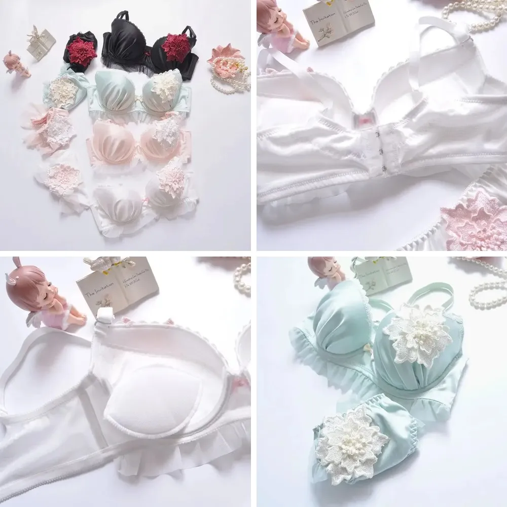 

Sweet Floral Embroidered Push Up Bra Set for Women, Large Size A-E Cup, Fresh Thin Underwear & Panty Lingerie