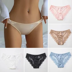 Satin Silk Panties Women Sexy Lace Ultra-thin Briefs Low-waist Transparent Seamless Rhinestone Floral Lingerie Underpants