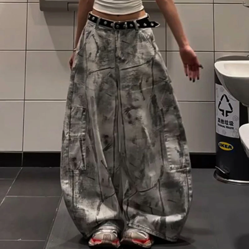 Women Tie Dye Gothic Jeans American Vintage Street Casual Denim Pants High Waist Loose Lazy Wasteland Irregular Wide Leg Pants