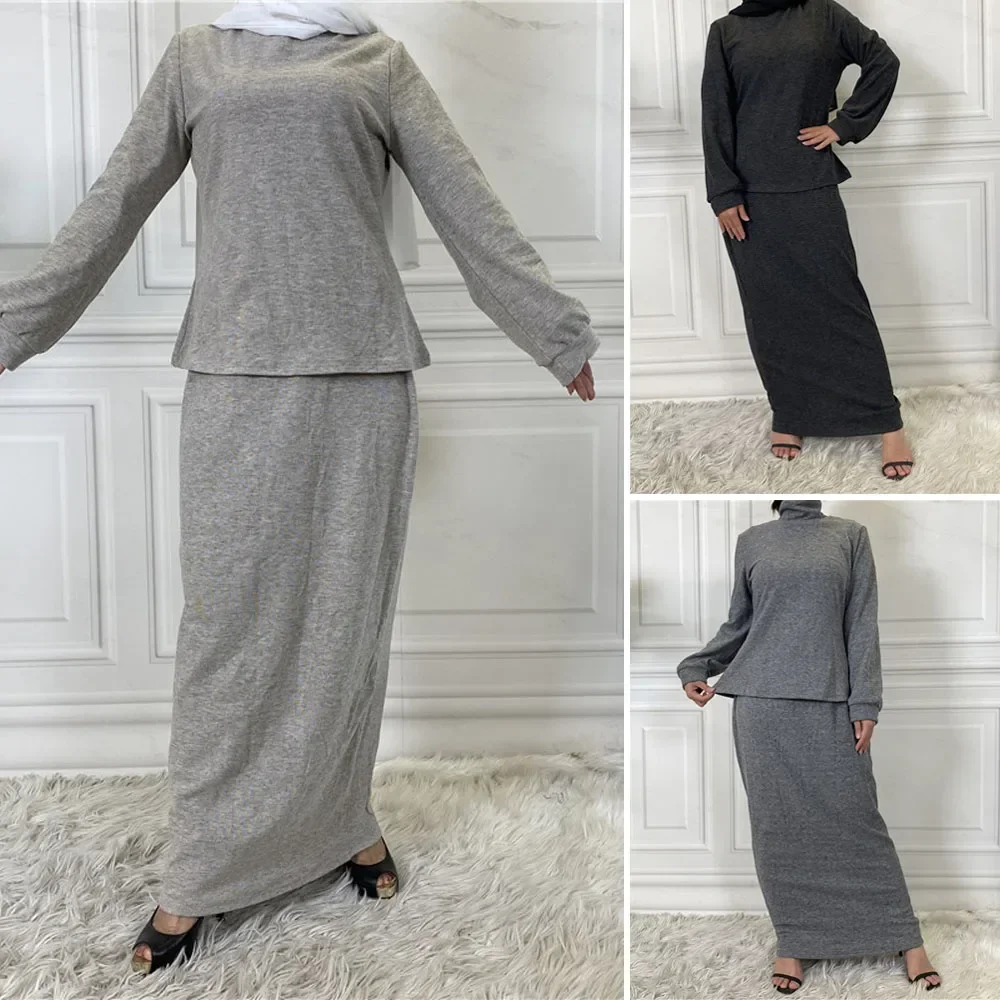 

Knit Two Pieces Muslim Islamic Set Women's Abaya Long Stretch Tops Skirts Suits Casual Caftan Turtleneck Arabic Malaysian