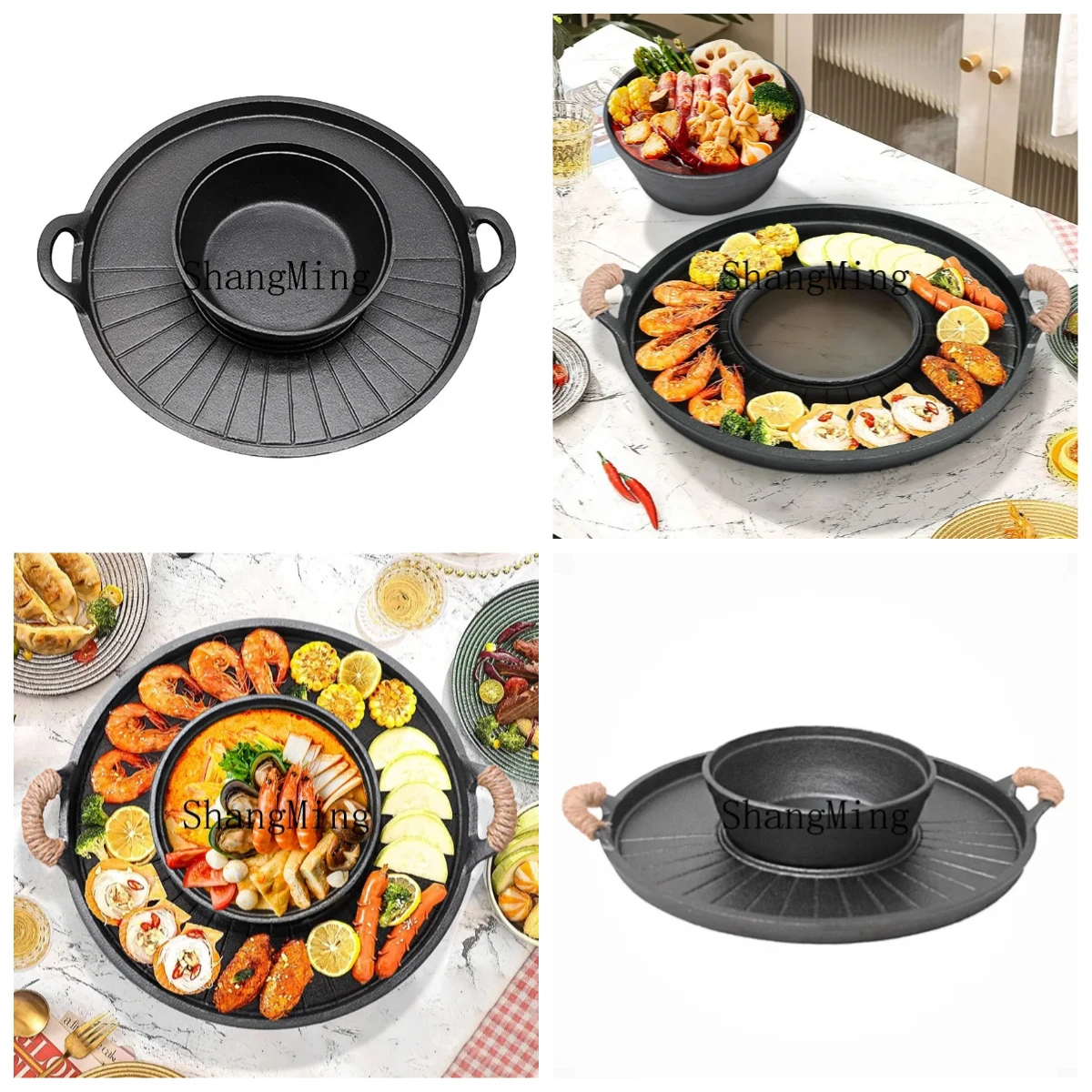 

PYH cast iron rinsing and roasting integrated pot raw iron pan frying dual-purpose binaural barbecue cast iron