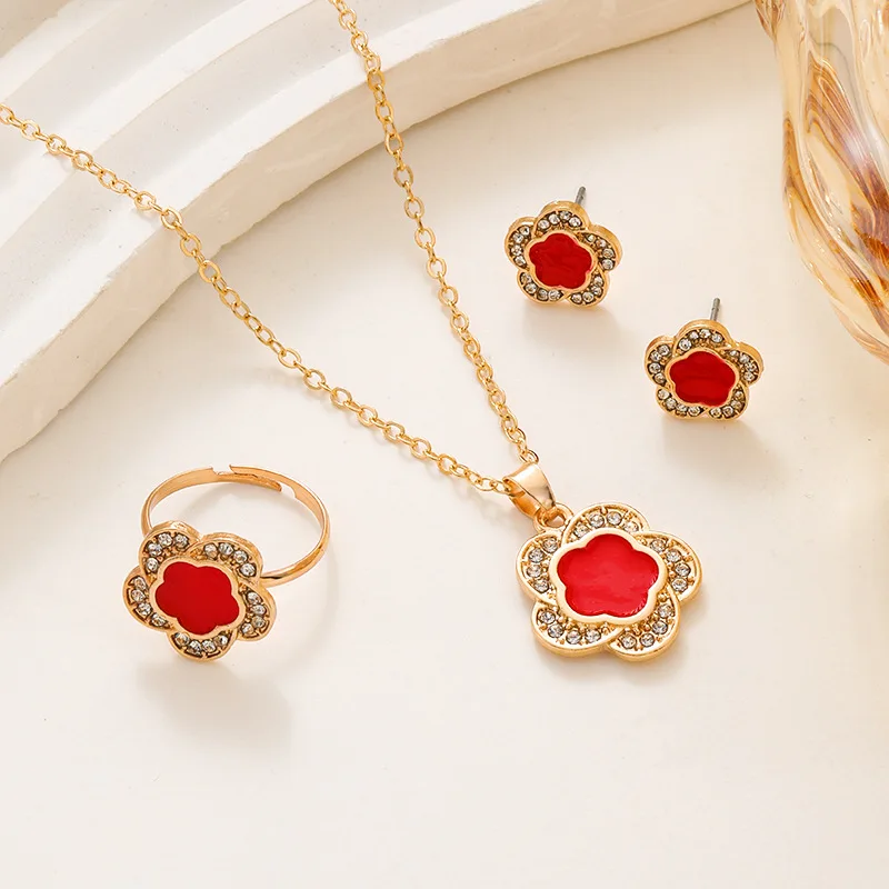 Lucky Rhinestones Five-petal Flower Clover Earrings Necklace Ring three-piece set for Woman Fashion Accessories Party Jewelry