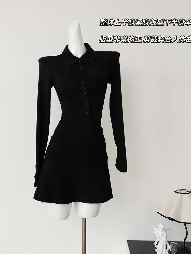 American Style Sports Style Polo Long Sleeve Slim Corset Dress Autumn Women New Black Design Sexy Pleated One-Piece Frocks Kpop