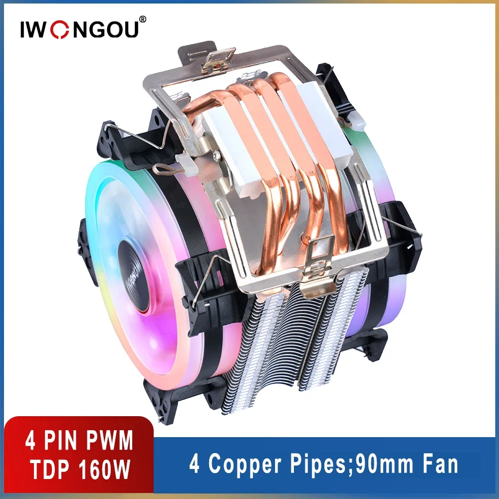 Cpu Koeler Am4 4pin 90Mm Rgb Koeling Cpu Fan Iwongou Luchtkoeler X99 4 Heatpipes Radiator Voor Intel Lga2011v3 1200 1155 1700 Amd