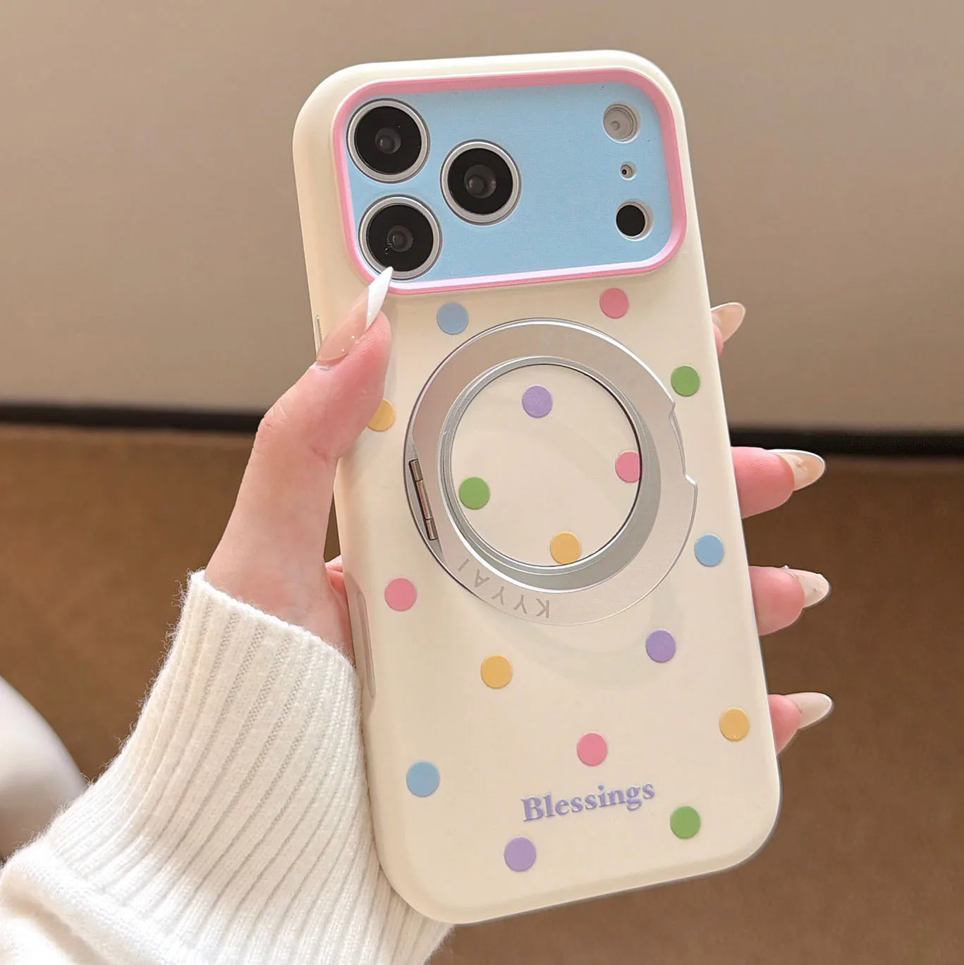 

INS Colorful Polka Dots Magnetic Bracket Liquid Case for iPhone 17 16 15 14 Pro Max 360° Rotating Mount Shockproof Soft Case