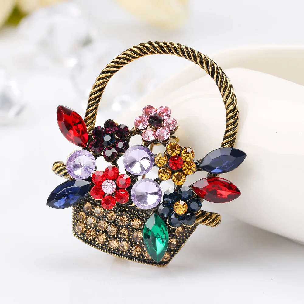 Antique Gold Series Vintage Cute Flower Basket Style Colored Diamond Alloy Diamond-Encrusted Brooch Brooch In Stock