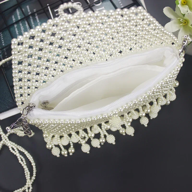 Handmade Pearl Bag Woven Shoulder Bag Key Change Mobile Phone Bag Cross Section Messenger Bag Party Wedding Trumpet Tassel Bag