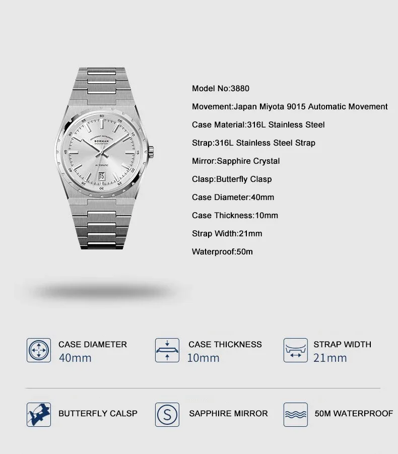 BORMAN Мужские автоматические часы 40 мм Механические наручные часы Ультратонкие 10 мм 5 бар Водонепроницаемые сапфировое зеркало Светящиеся Miyota 9015