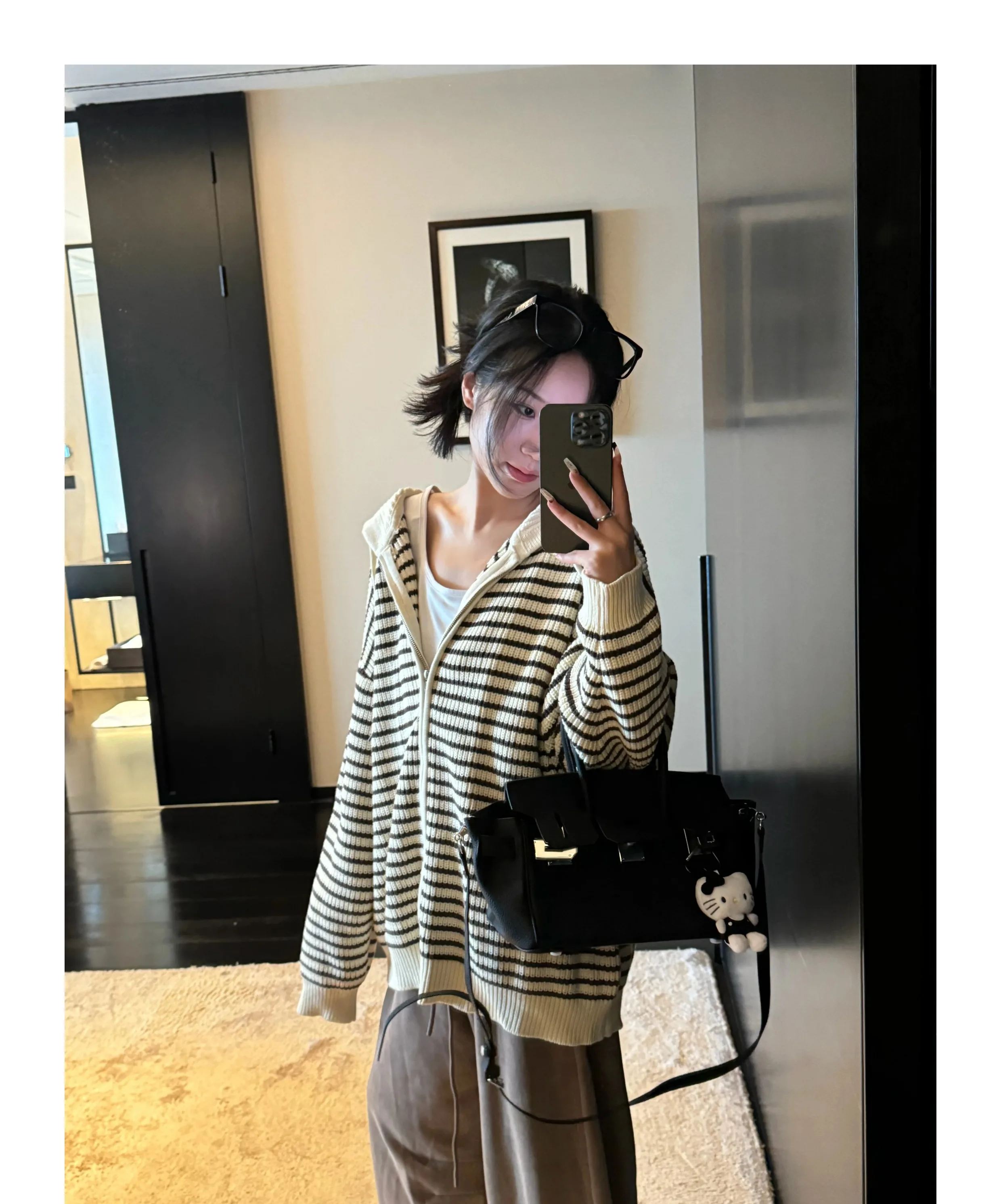 Hong Kong Style Striped Hooded Knitted Sweater Coat Women's Open Cardigan Spring Autumn Winter New Drawstring Zipper Versatil...