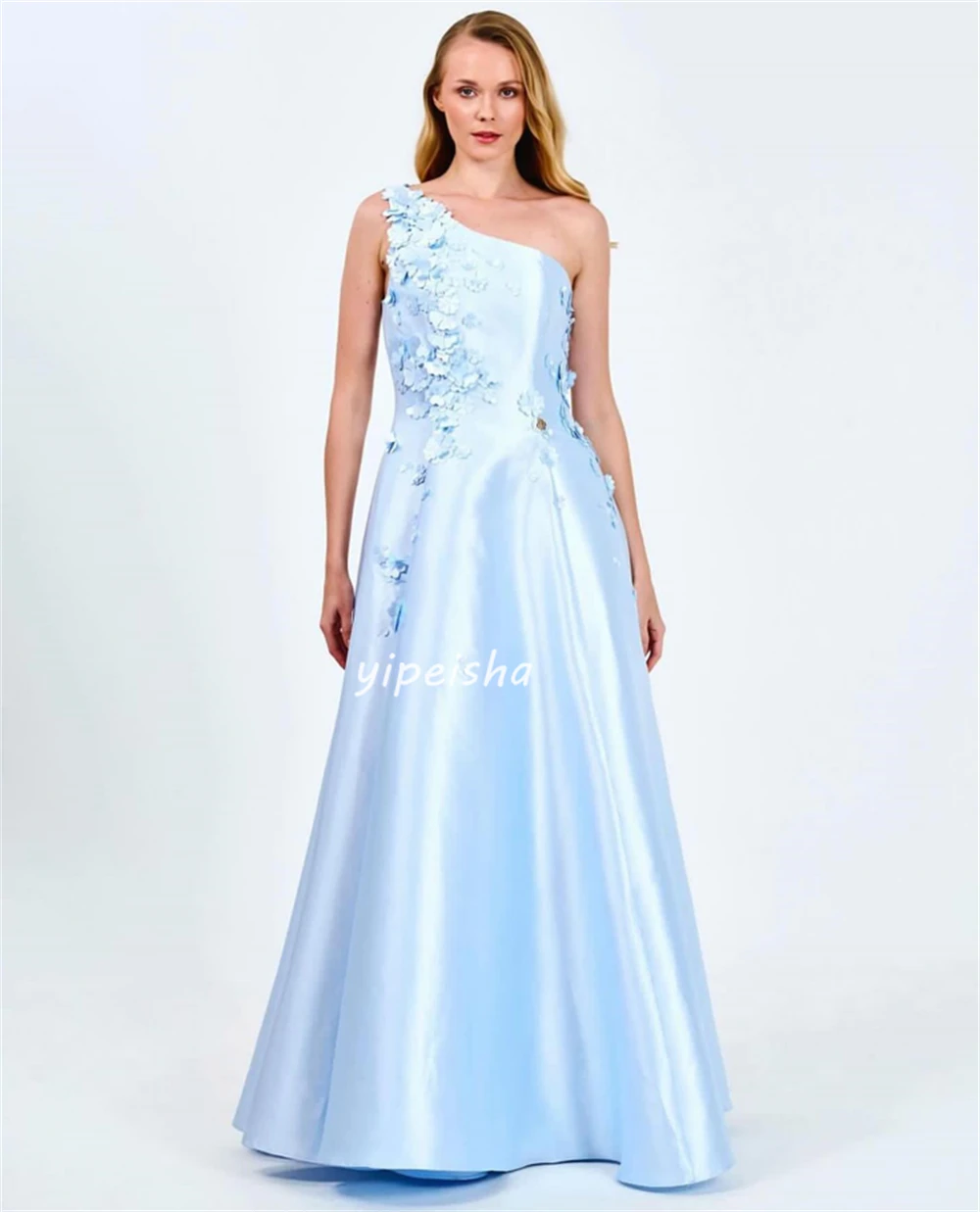 Personalizado requintado cetim apliques flor plissado ruched a linha de um ombro vestidos longos quinceanera vestidos estilo moderno elegan