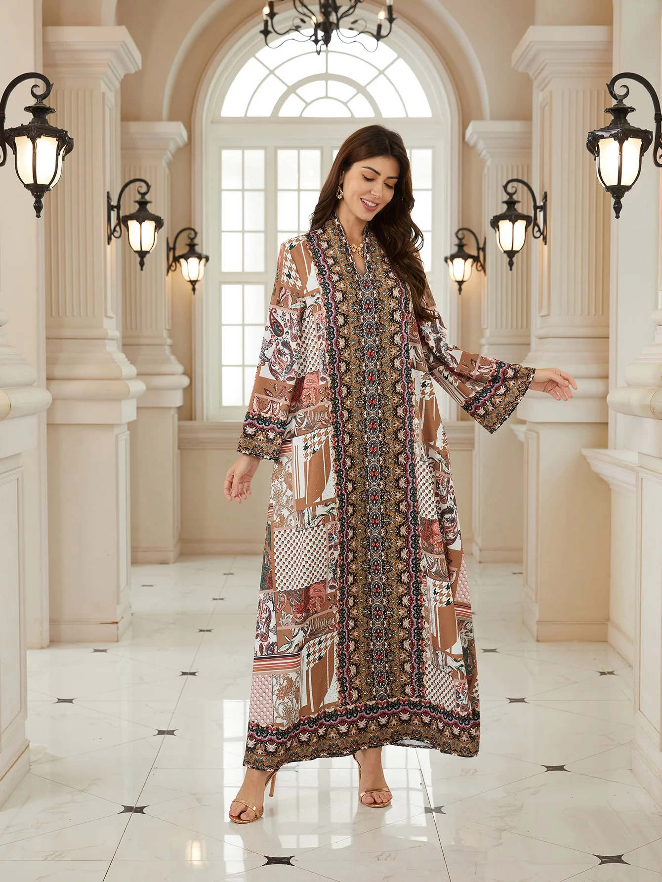 

Dubai Jalabiya Arabic Printed Rhinestone Jalabiya Ethnic Modest Long Jalabiya Muslim Kaftan New Beaded Evening Maxi Dress