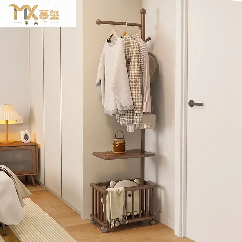 For Bedroom Solid Wood Coat Rack Narrow Bedside Table Integrated Hanger Floor to Ceiling Dirty Clothes Basket Indoor Drying