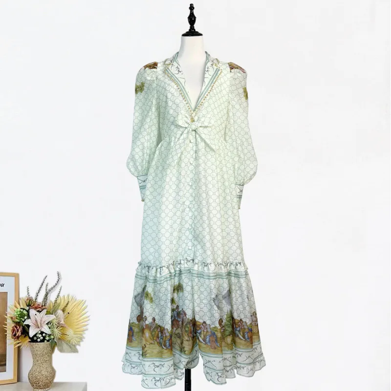 Ele Long Pearl Trim V-Ne Dr Street Sle mid Waist Print Lantern Sve Single Button Luxury Maxi Skirt for Women