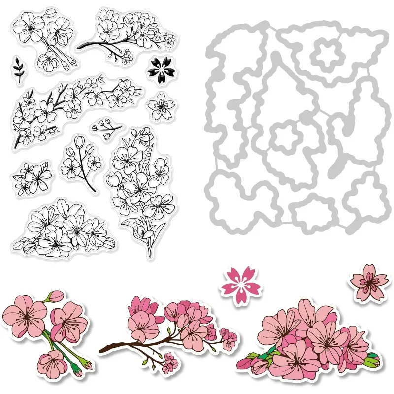 Kirschblüten-Stanzformen und transparentes Stempelset, rosa Blumen-Prägeschablone und Silikonstempel für Karten, Sammelalbum, Karten, DIY, Basteln