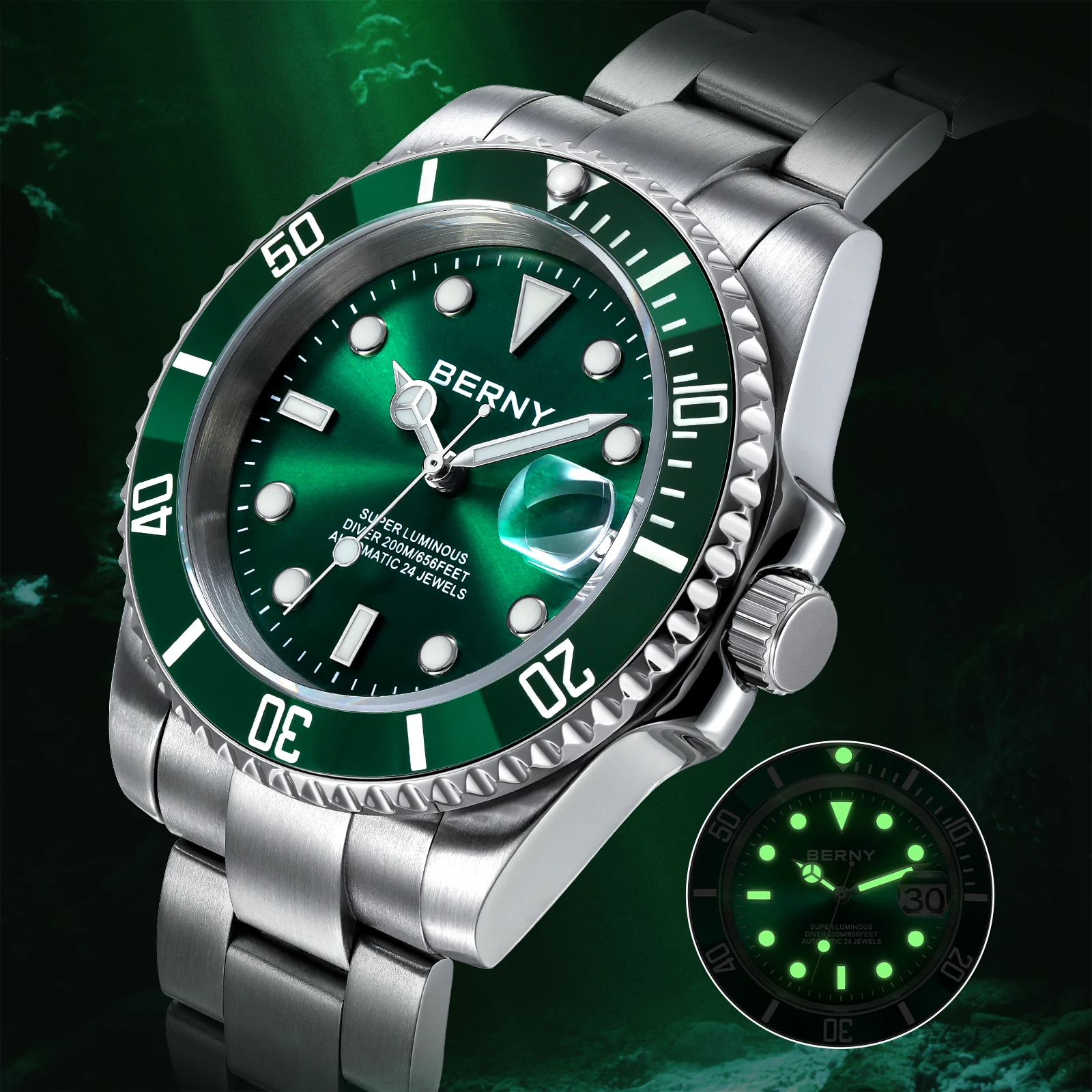 بيرني ساعة غواص أوتوماتيكية للرجال 200 متر مقاوم للماء سوبر مضيئة الميكانيكية ساعة يد رياضية الياقوت NH35 ساعة غوص رجالية