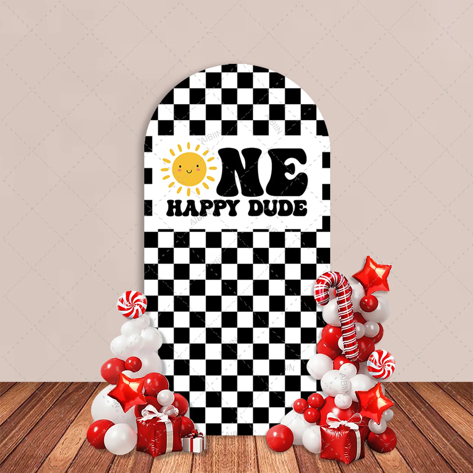 One Happy Dude 1st Birthday Arch Backdrop Cover, Cute Sun Black/Blue/Pink/Purple Grid Checker Kids Party Decor Background