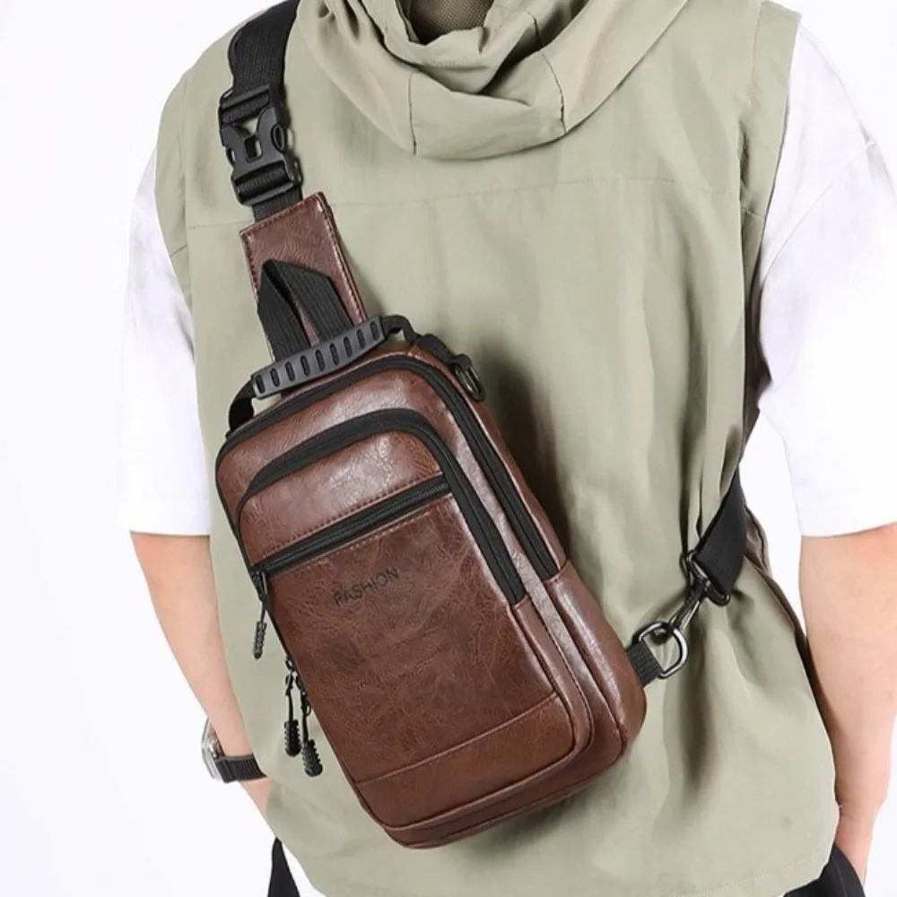 

PU Leather Men's Chest Bag Solid Color Multifunctional Sling Shoulder Bag Adjustable Strap Multiple pockets Male Crossbody Bag