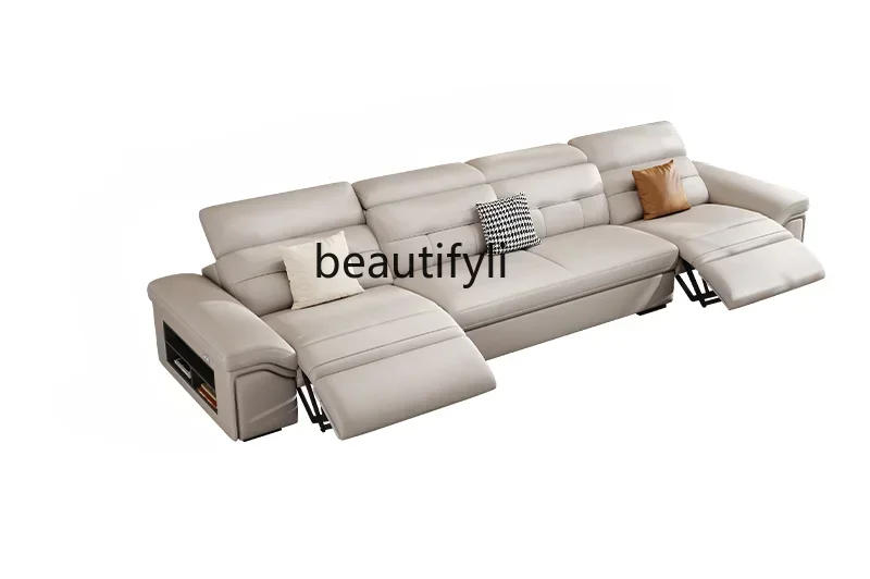 

A Leather Function Electric Retractable Sofa Adjustable Space Capsule Home Theater Living Room Straight Row Three-Seat Zero Wall