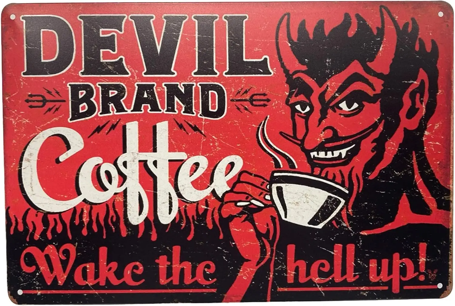 Tin Metal Wall Sign | Devil Coffee Wake the Hell Up! 8 x 12 in. | Decorative Wall Plaque Poster for Room Garage Man Cave (Set of