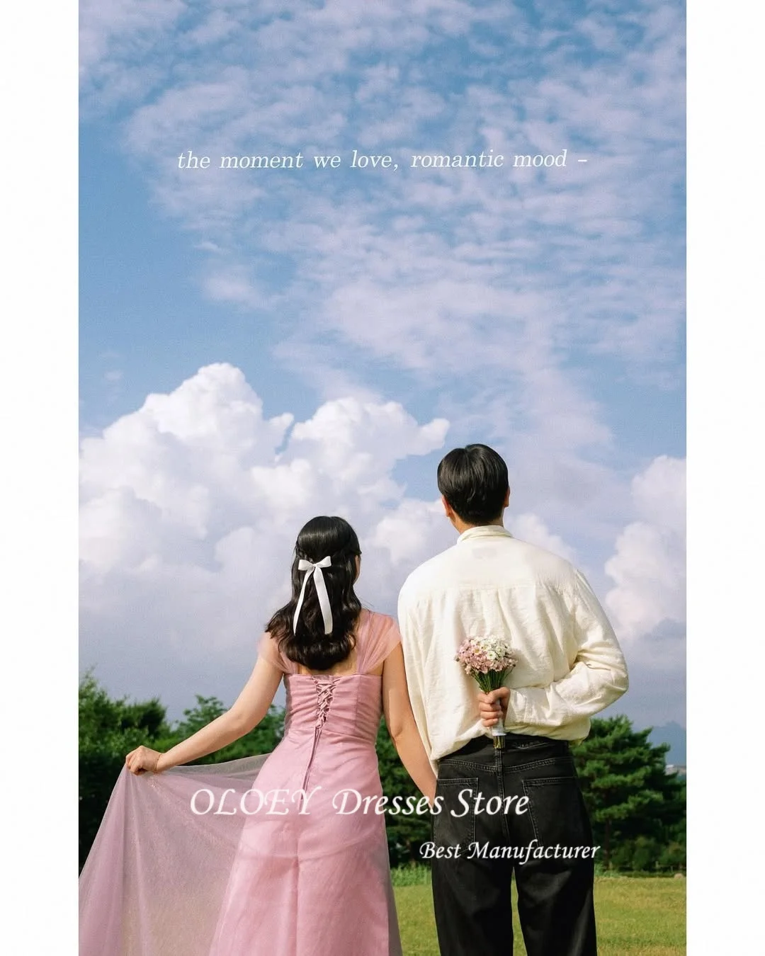 فساتين OLOEY بسيطة بطول الأرض للحفلات الراقصة من التول للحفلات المسائية بدون أكتاف فساتين زفاف كورية لالتقاط الصور حسب الطلب