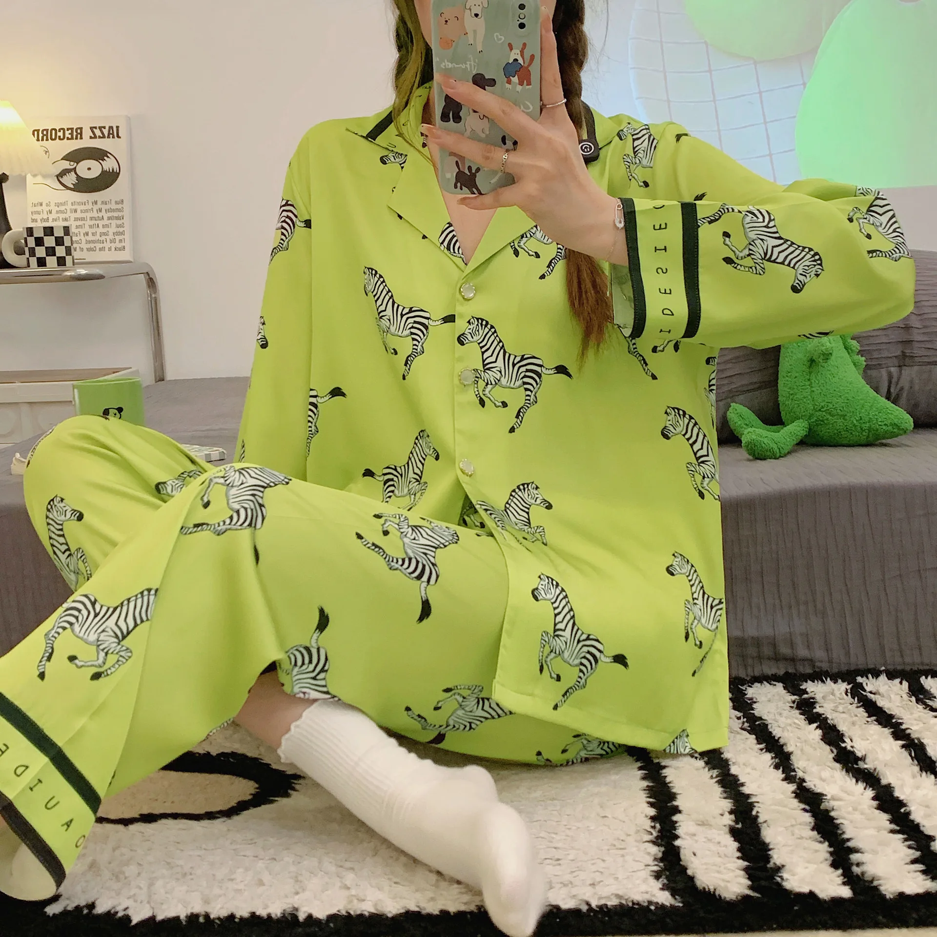 Pajamas Suit Long Sleeve Sexy V-Neck Print Tiger 2PCS Home Clothing Sleep Set With Pants Women Loungewear Sleepwear Pyjamas