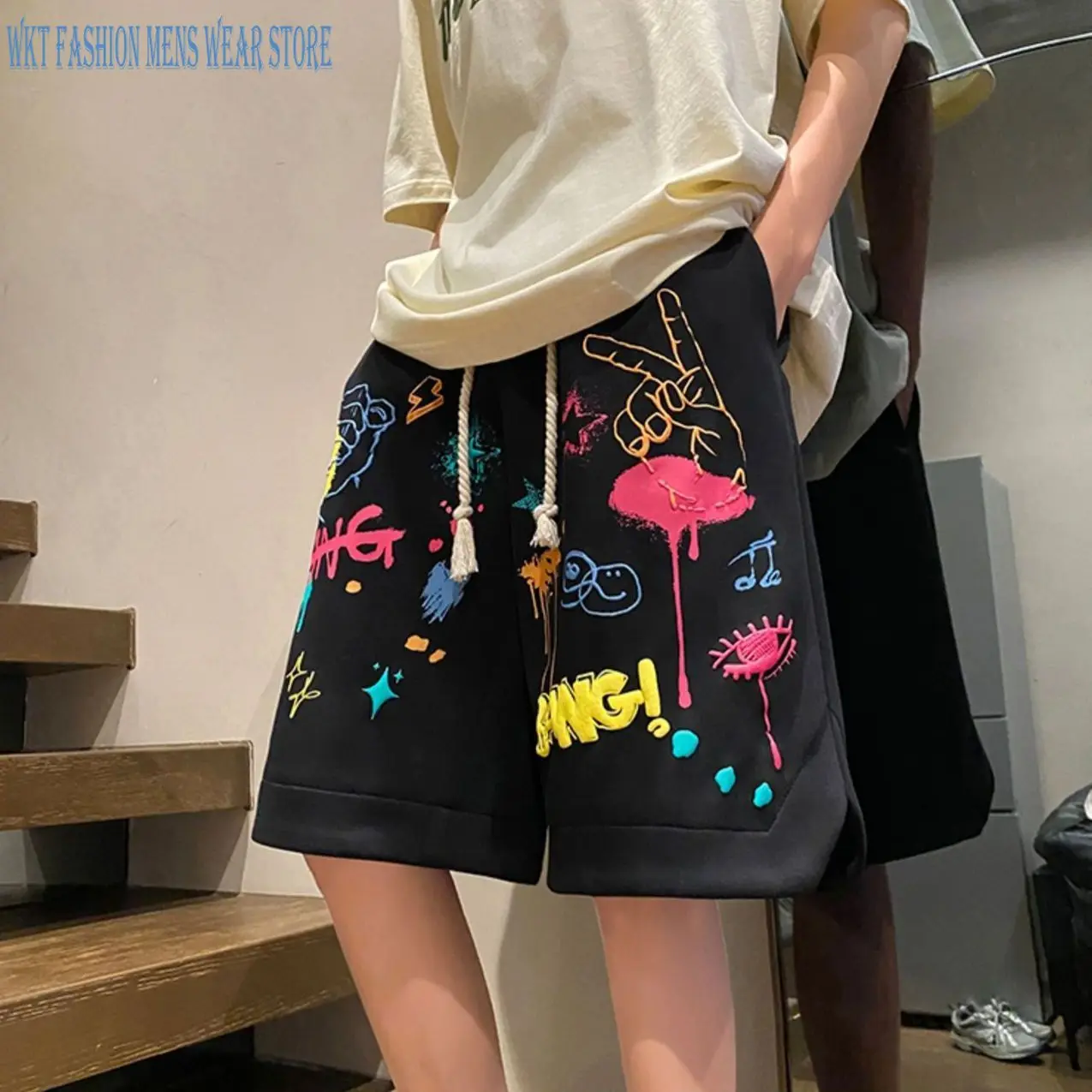 Shorts casuais de graffiti masculino, calças de basquete soltas que tudo combinando, até o joelho, roupas de algodão, rua alta, verão