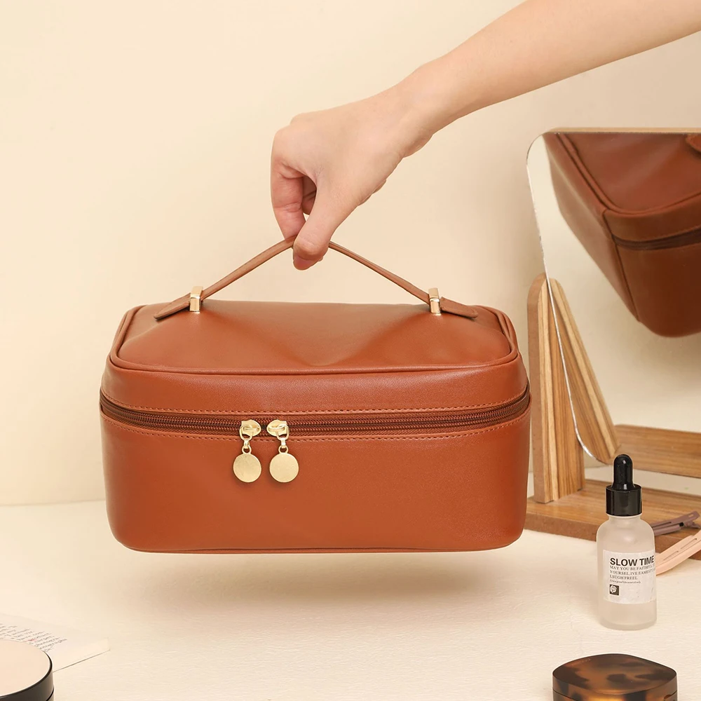 Borsa per il trucco di grande capacità borsa per cosmetici portatile da viaggio in pelle PU Organizer per articoli da toeletta scatola portatile per