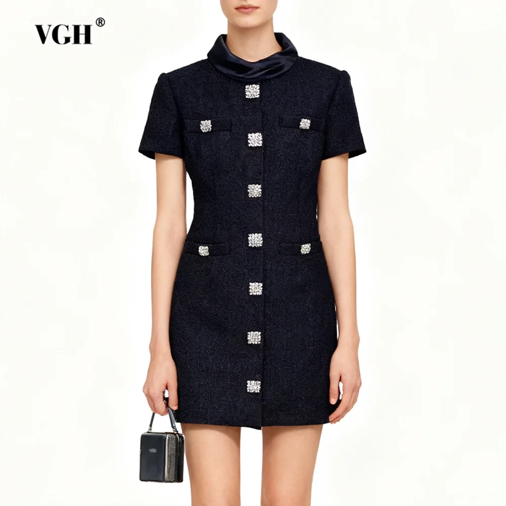 

VGH Elegant Exquisite Solid Slimming Dresses For Women Round Neck Short Sleeve High Waist Design Sense Dress Female Fashion New