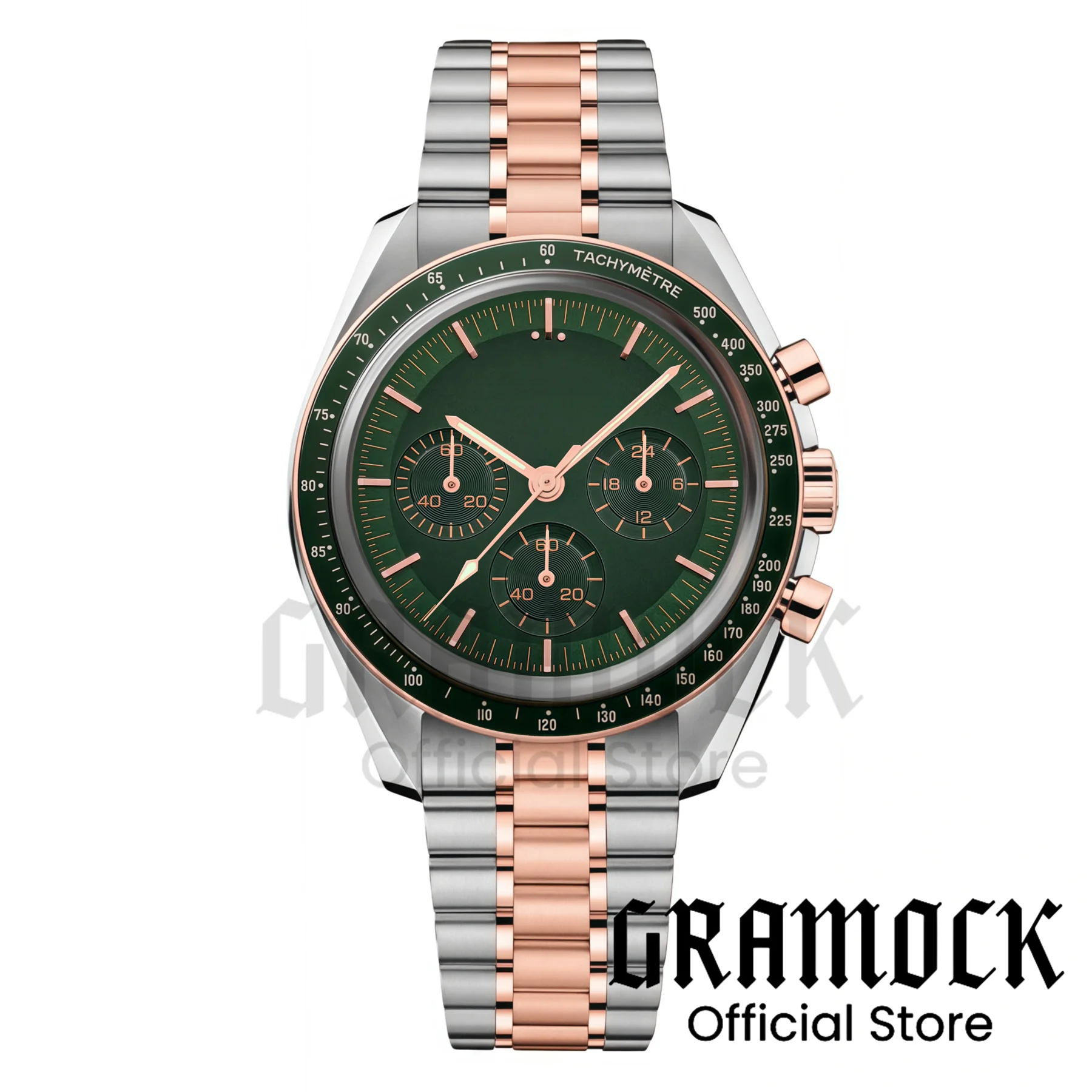 

Men's Luxury Two Tone Rose Gold Chronograph Watch Vintage Green VK63A Quartz Speed Watch For Men Steel Bracelet 50Bar Waterproof