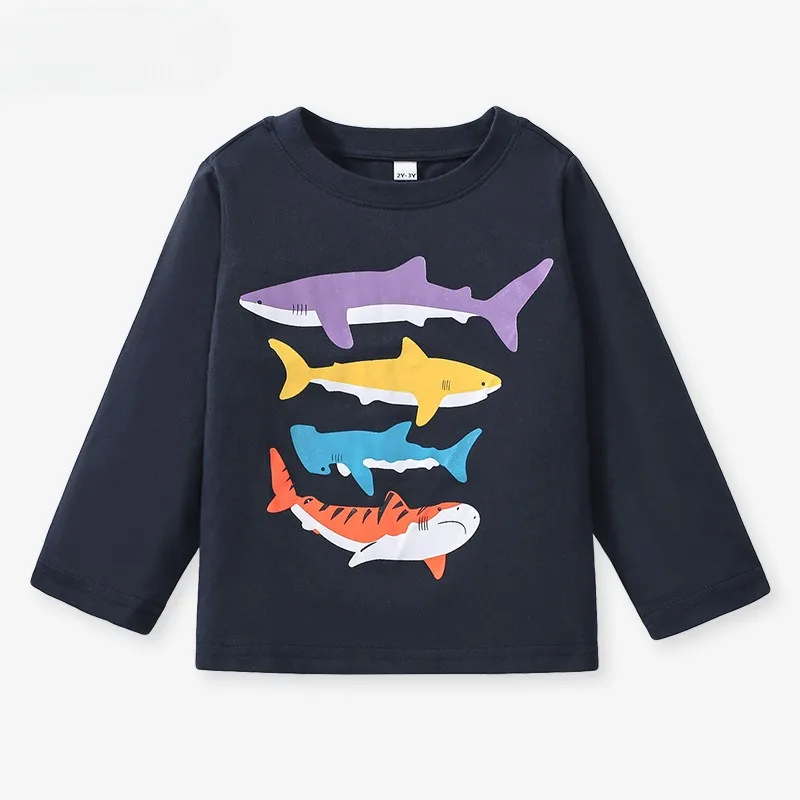 Spring Baby Boy Solid Cotton Clothes Kid Shark Printed O Neck Pullover Children Girls Casual Long Sleeve T-Shirts