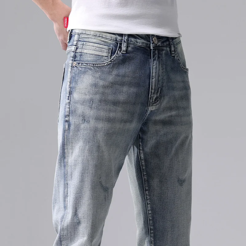 Printemps automne coton hommes bleu mince jean droit affaires décontracté Stretch Denim pantalon mâle marque pantalon ample