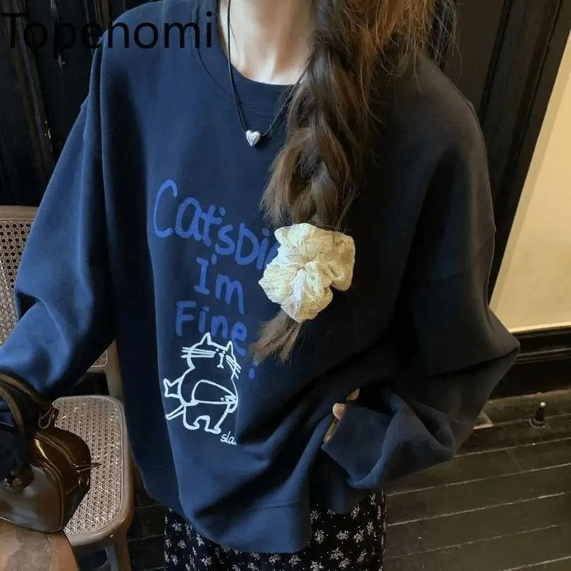 

Topenomi осень-зима милый кот буквенный принт толстовка женская с круглым вырезом свободные ленивые топы корейский повседневный универсальный толстовка с капюшоном Y2k новый